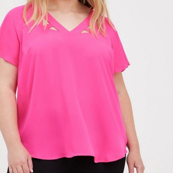 torrid Tops - Torrid Georgette Workplace Siren cage front hot pink flutter sleeve blouse 2X
